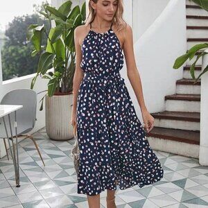 Halter dress fit flare belted midi blue polka dot sleeveless dress size M